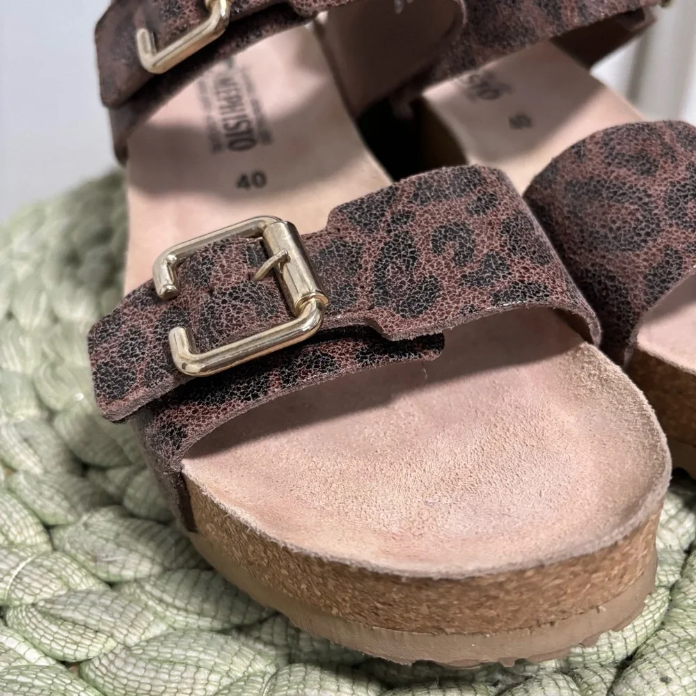 Mephisto Lissandra Brown Leopard Print Leather Slingback Wedge Sandals Size 10